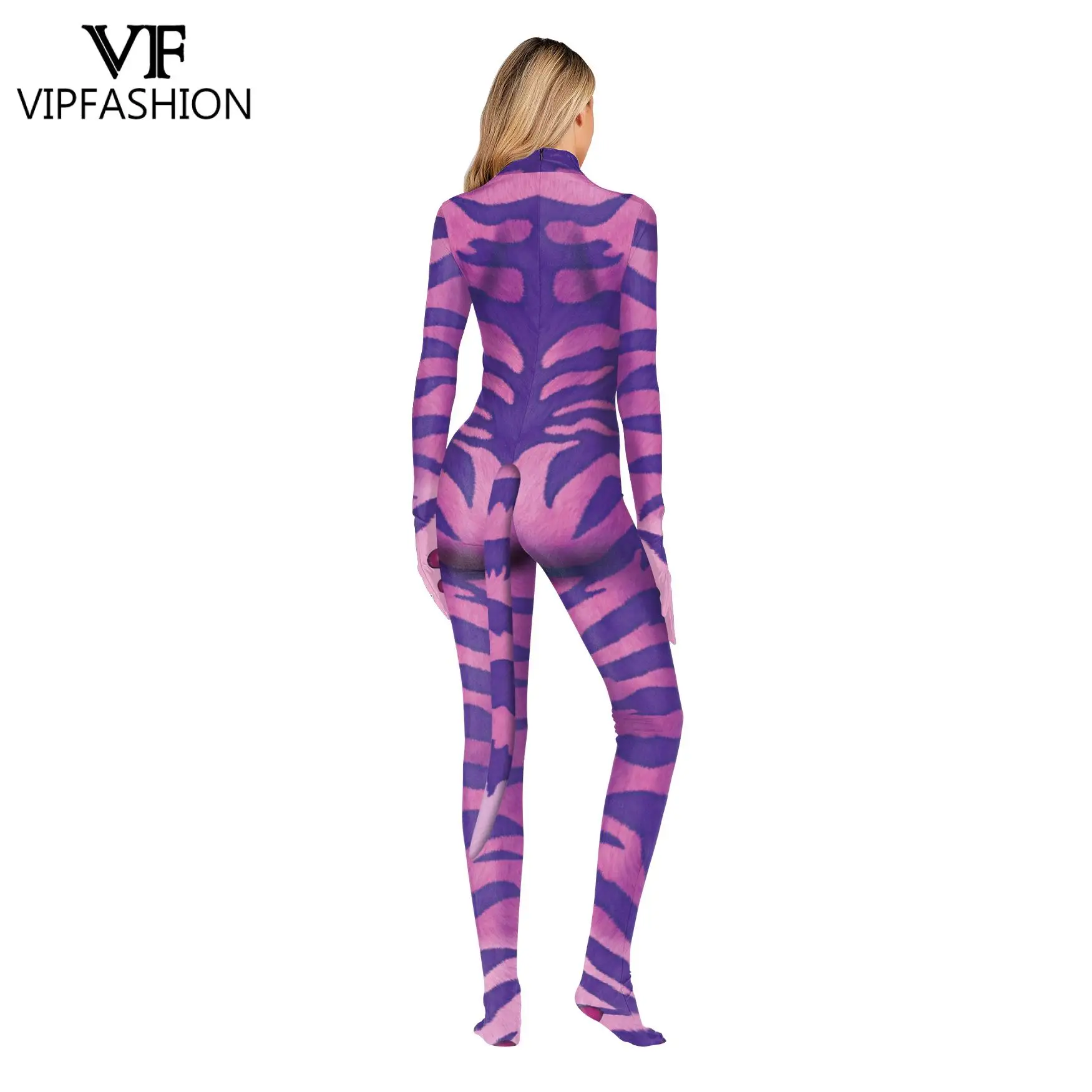 VIP FASHION Funny Costumes Animal Leopard Print Adult Bodysuit Unisex Zentai Jumpsuit with Tail 3D Cosplay Clothing Fancy Dress