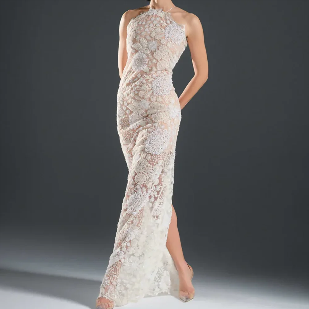 클래식 홀터넥 민소매 레이스 스트레이트 정장 이브닝 드레스 생일 파티 댄스 파티 드레스 맞춤형