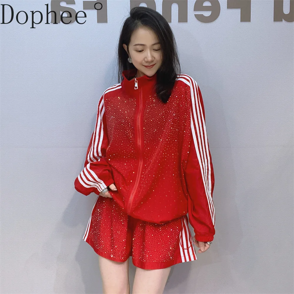 

Full Diamonds Hot Drilling Women Sunscreen Set Stand Collar Loose Long Sleeve Jacket Coat + Casual Wide Leg Shorts Female Suits