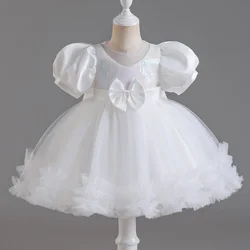 New Baby Girls Dress 2024 Sequin Puff Sleeve Princess Dress Bow Dress White Wedding Banquet 1st Birthday Christening Party Dress