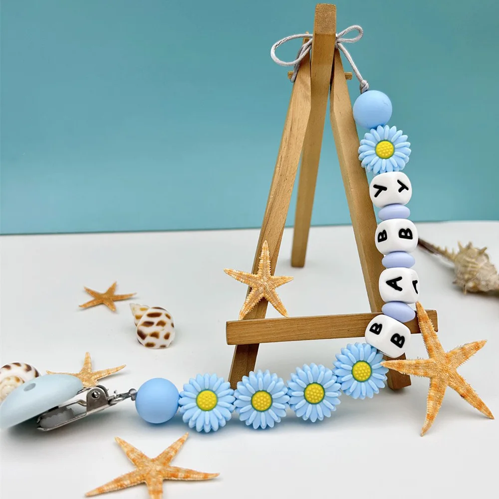 Customized English Name Russian Alphabet Name Baby Flower Clips Pacifier Holder Chain Teether Pendant Bebe Accessories Gift