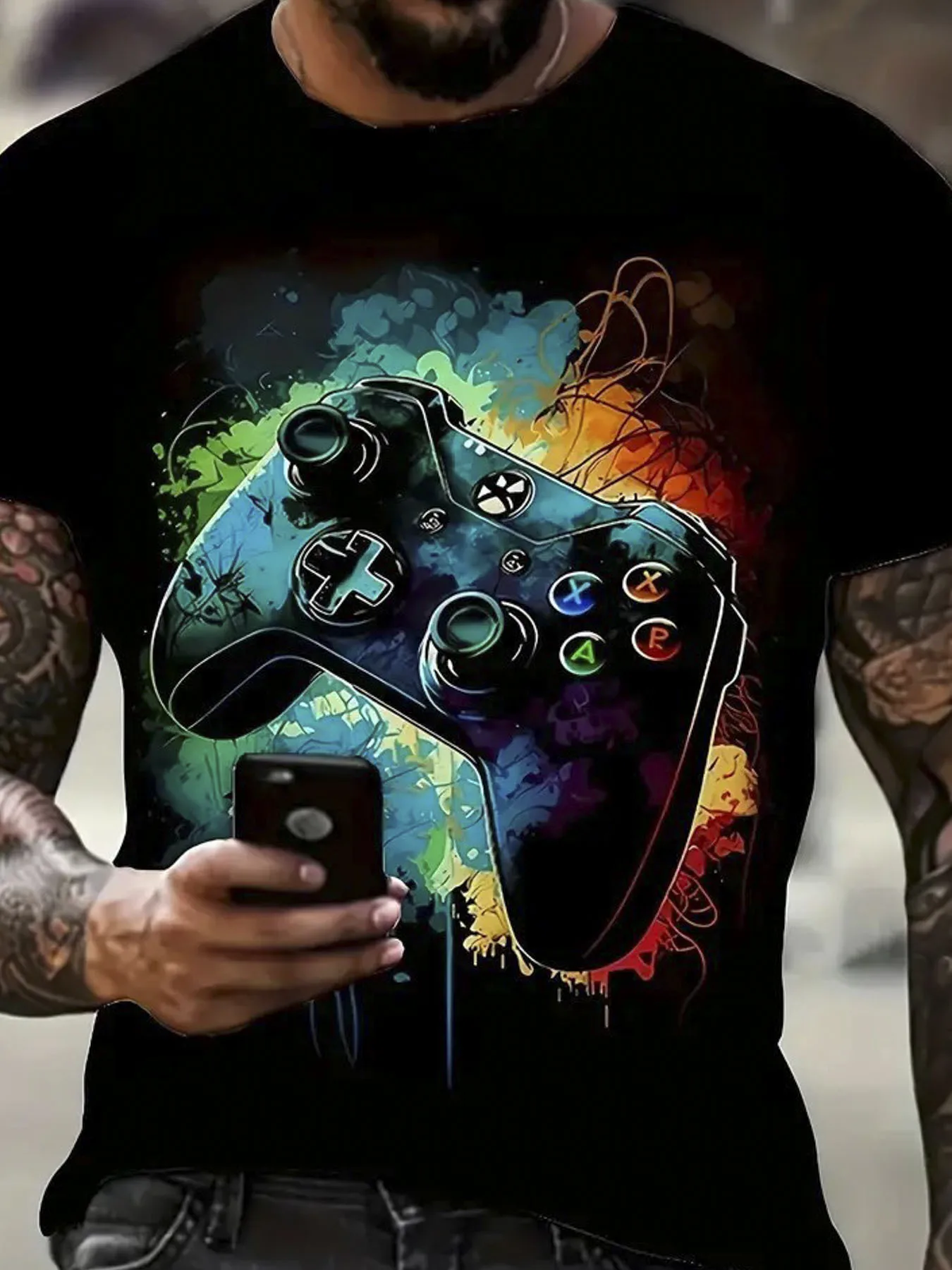 Heren T-shirt met gamecontrollerpatroon - 100% katoen, normale pasvorm, korte mouw, ademend en comfortabel voor alle seizoenen