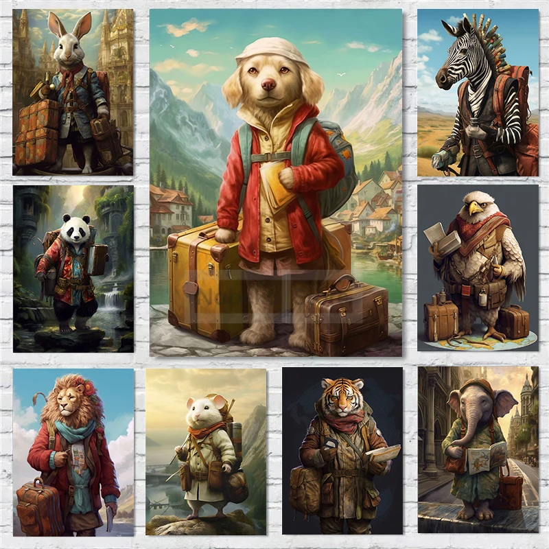 ملصقات رحلة الحيوانات حقيبة أدلة السفر مضحك الحيوانات الرجعية يطبع حائط لوح رسم الفن صور ديكور غرفة المنزل