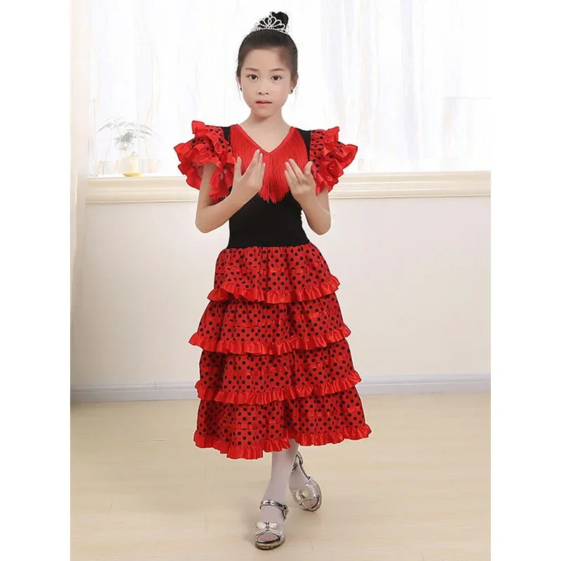 Dance Dress for Girls Traditional Spanish Flamenco Baby Classic Flamengo Gypsy Style Skirt Bullfight Festival Ballroom Red