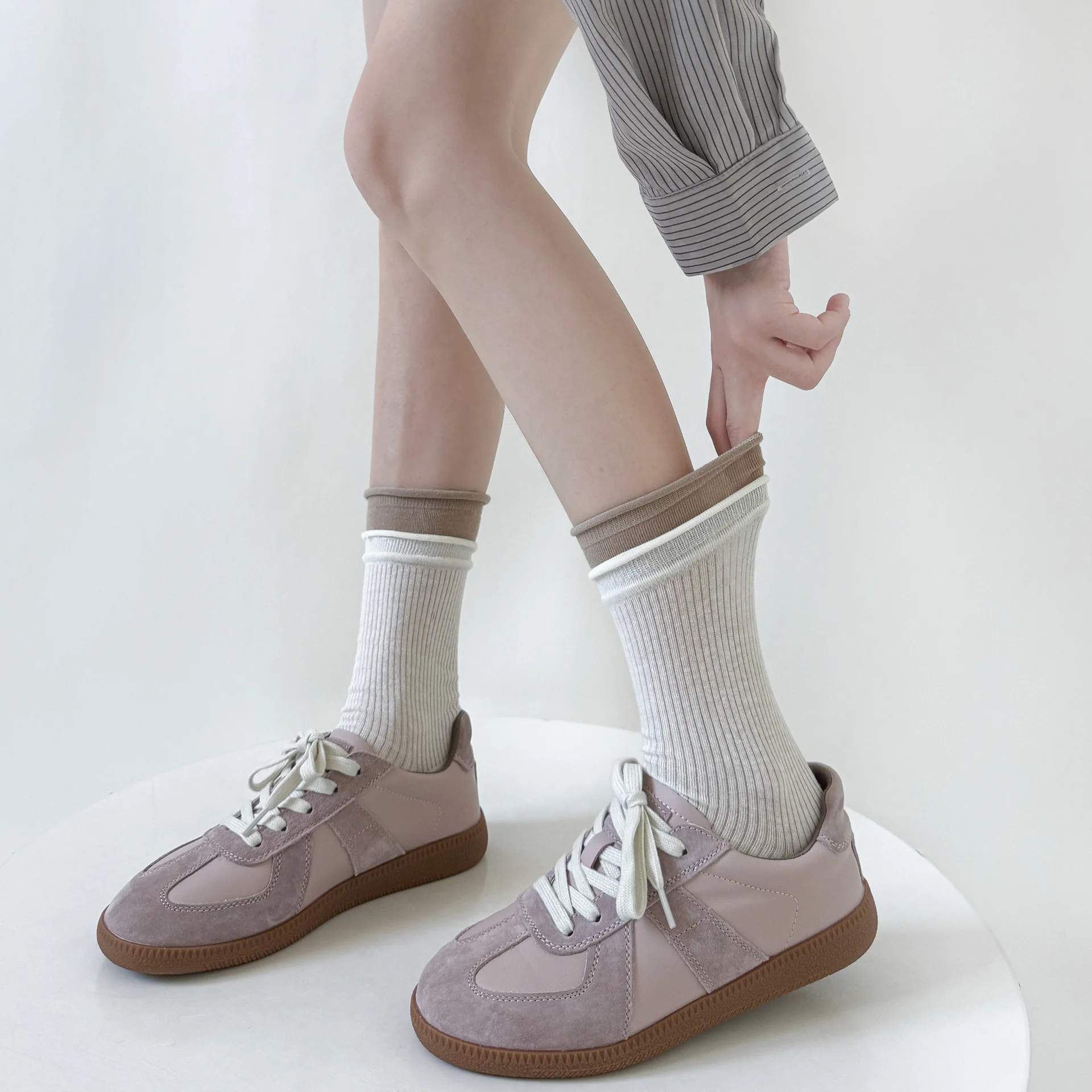 Gray Mid-Calf Women's Socks Color Block Cuffed Tube No-Cuff Summer Thin Breathable Seamless Tights Vertical Stripe Versatile ...