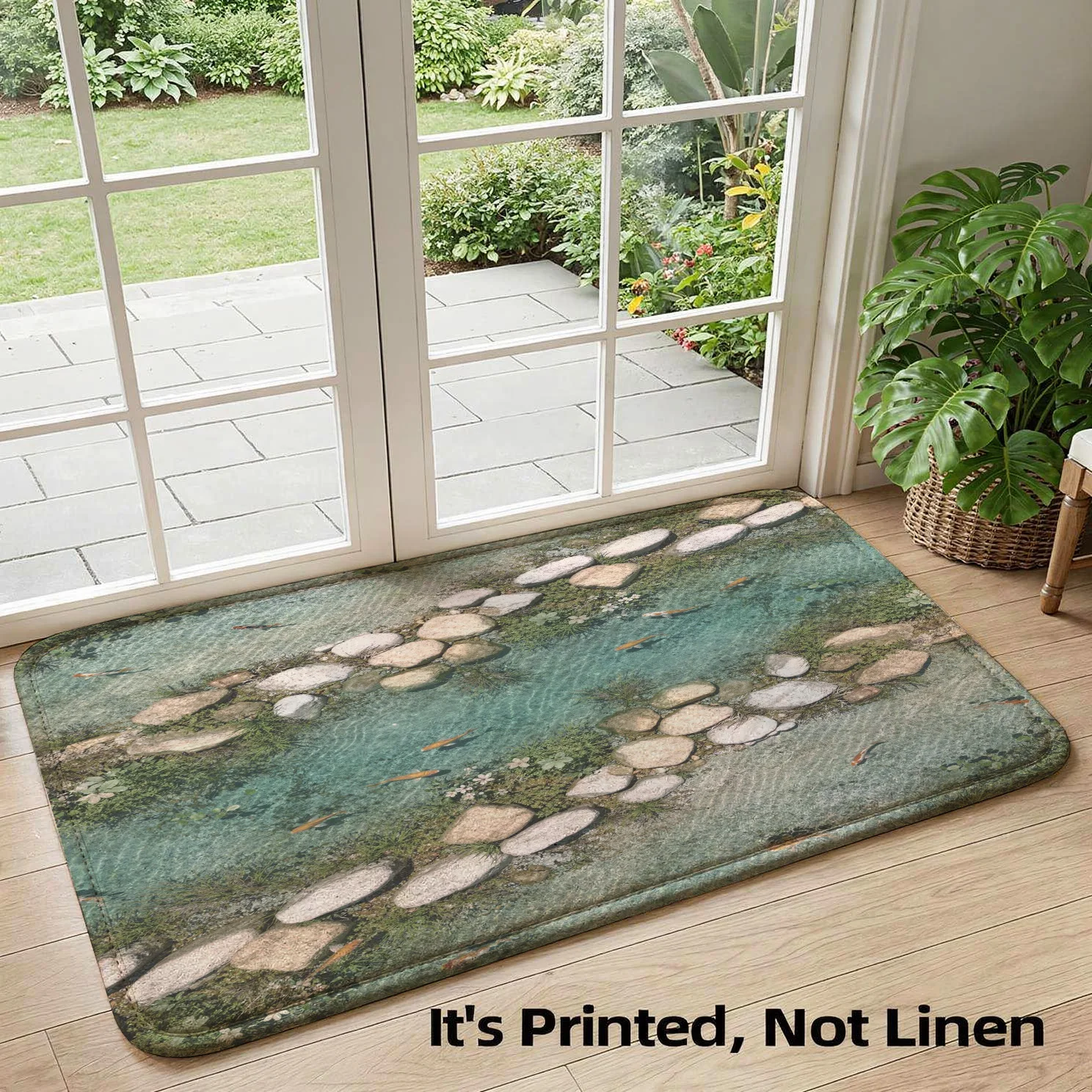 Natural Green Stepping Stone Doormat Indoor Outdoor Welcome Rug Pebble Pattern Coastal Bathroom Entryway Mat for Porch Decor