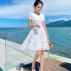 Women's White Lace Dress Fashion Summer New Short Sleeve Hollow Out  V-Neck Embroidery Dresses For Women Holiday Vestidos Midi