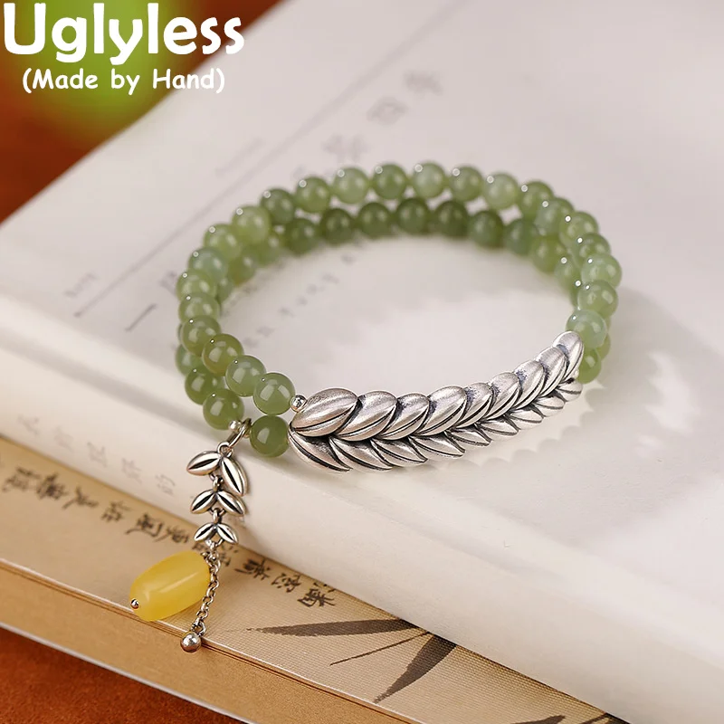 Uglyless Creative Unusual Wheat Bracelets for Women 2 Layers Hotan Natural Jade Bracelets 925 Silver Jewelry Amber Charms Bijoux