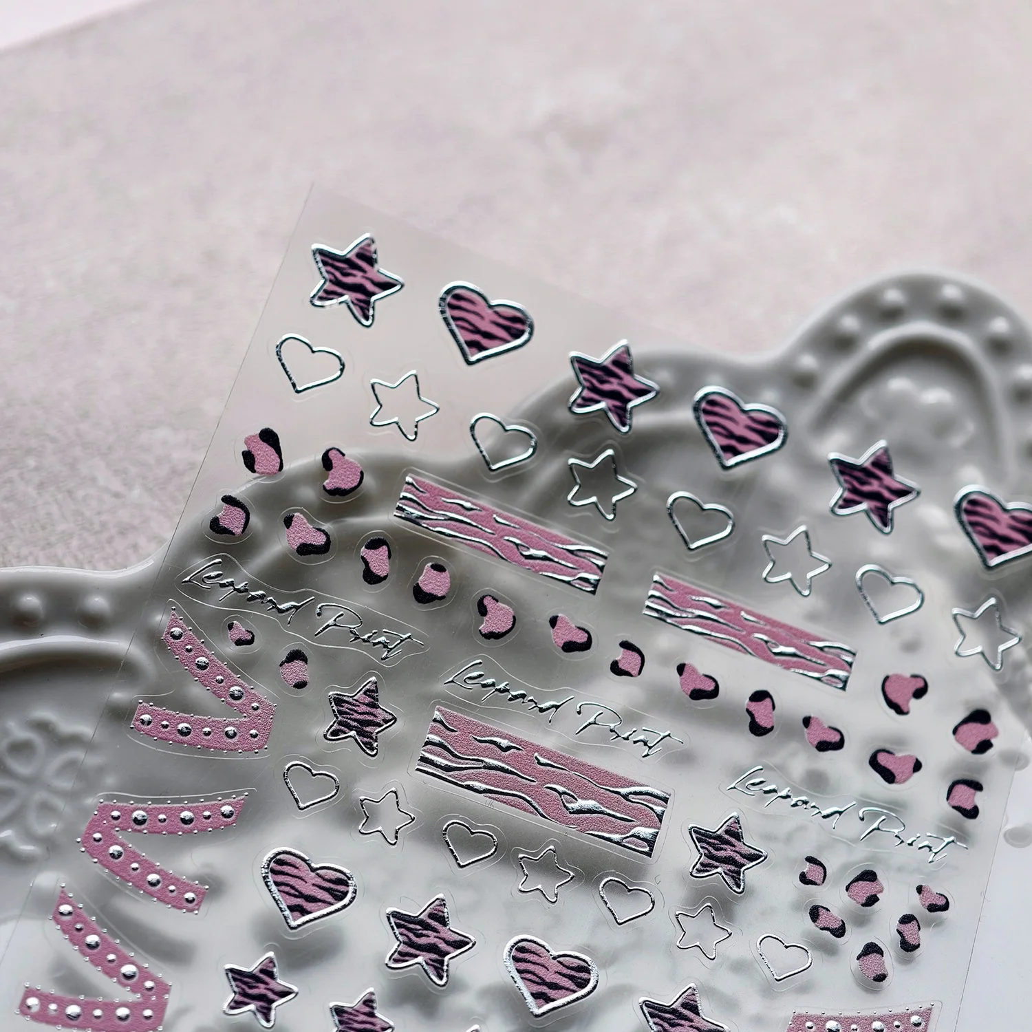 Pink Girl Lace Bow Nail Sticker 3D Relief Sweet Cool Checkered Nail Art Stickers Laser Silver Star Love Heart Manicure Decals
