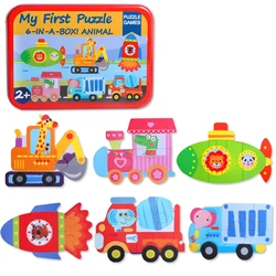 Tin Box Cartoon Kids Wooden Puzzle Cartoon Animal Traffic Tangram Wood Puzzle Toys Educational Jigsaw Toys for Children GiftS