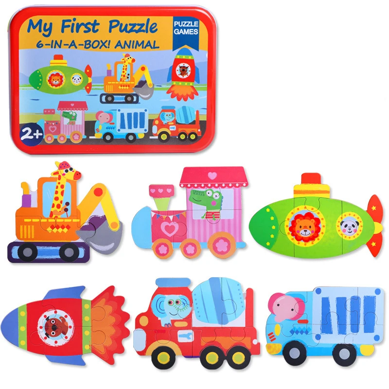 Tin Box Cartoon Kids Wooden Puzzle Cartoon Animal Traffic Tangram Wood Puzzle Toys Educational Jigsaw Toys for Children GiftS