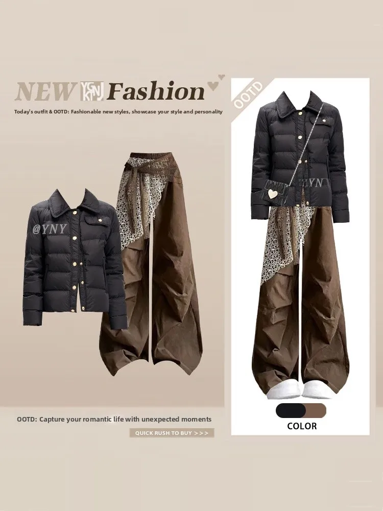 

Хлопковый комплект из джета и широких брюк в американском стиле ретро, зимний комплект высокого класса, цельный комплект, одинаковый шарф, широкие брюки