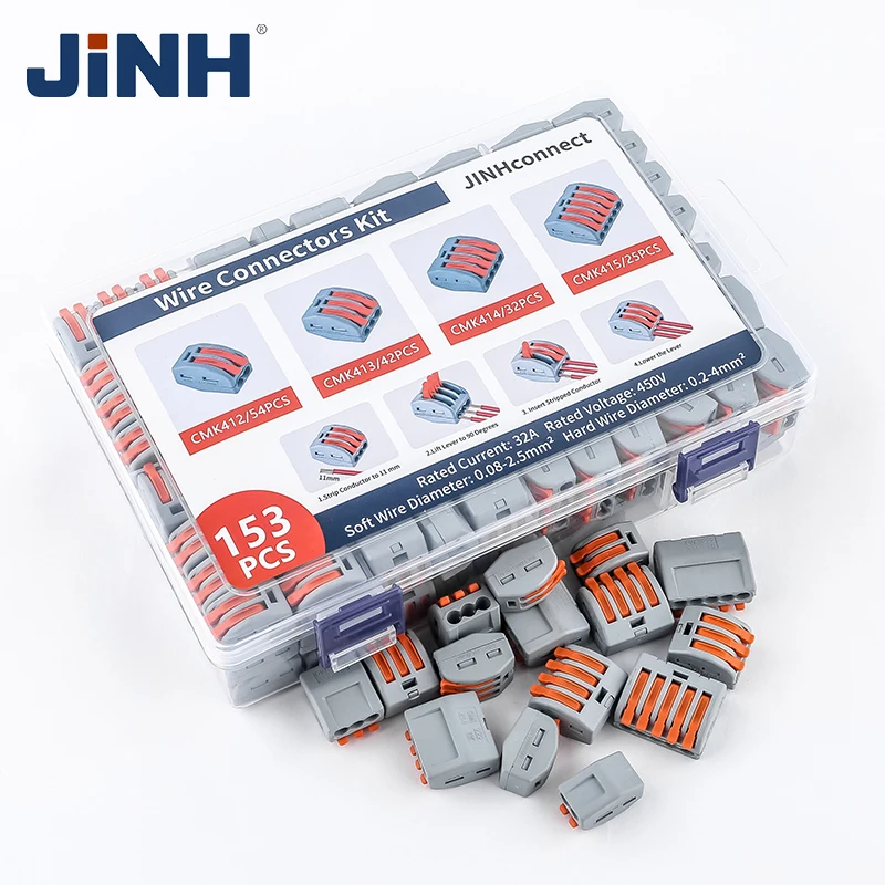 JINH 153Pcs CMK41 Lever Connector Nuts Assortment Pack Quick Splicing Electrical Terminal Blocks Standard Solid Flexible Wires