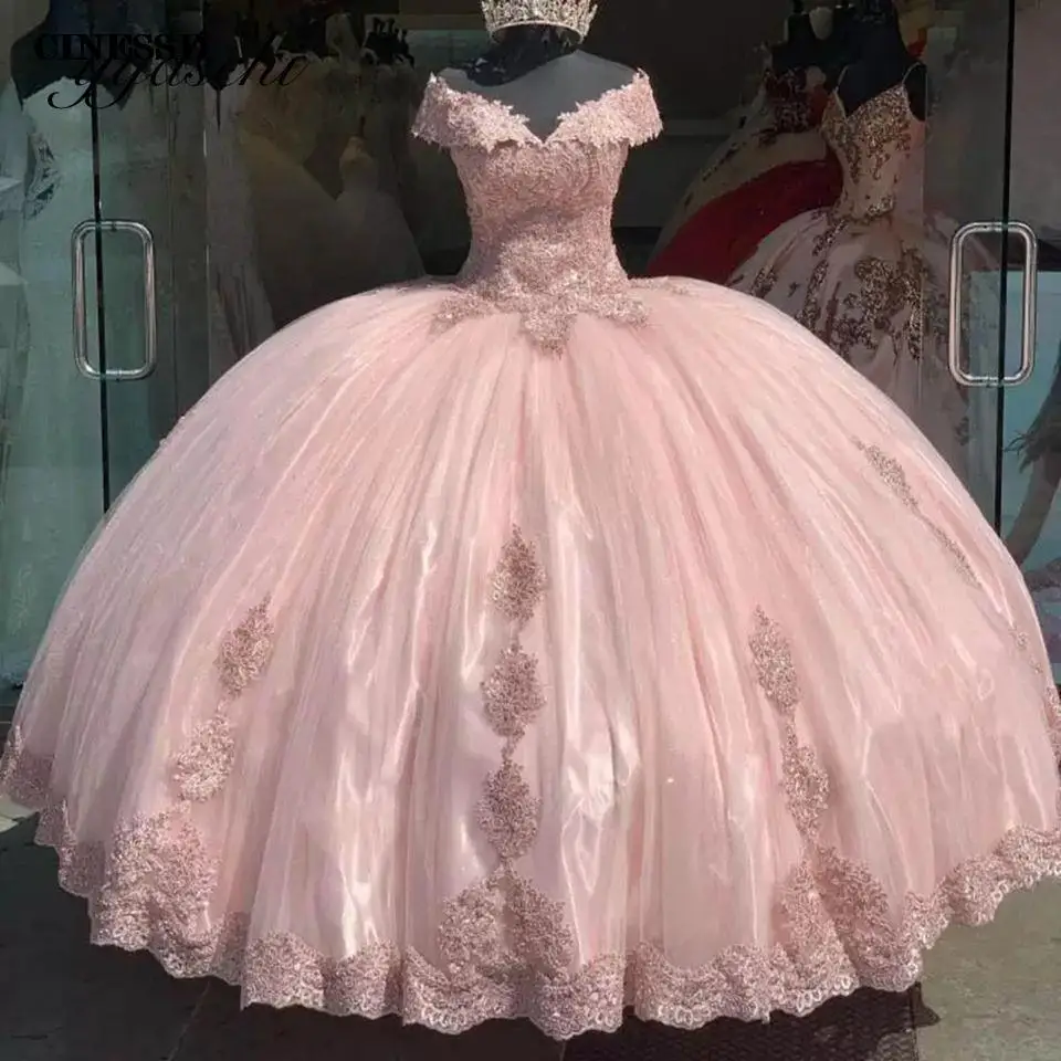 

2022 Pink Sweetheart Off The Shoulder Quinceanera Dresses Princess Applique Ball Gown 15 16 Brithday Party Dress Robes De Soirée