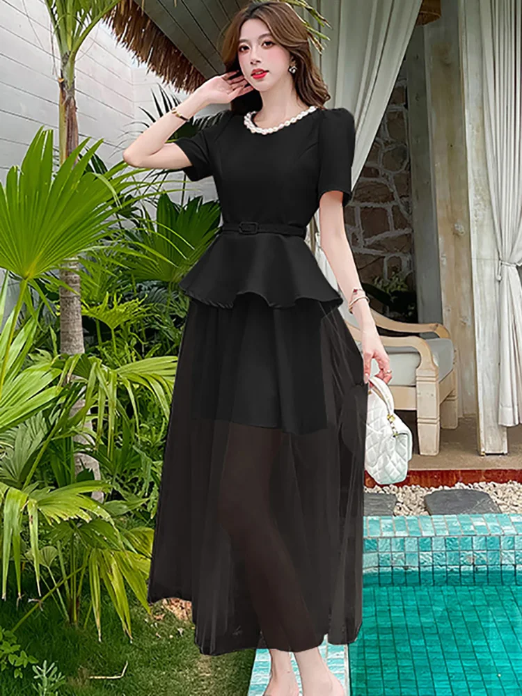 Women Pink Satin Patchwork Mesh Bandage Long Dress Summer Elegant Diamonds Luxury Dress 2025 Korean Vintage Party Evening Dress