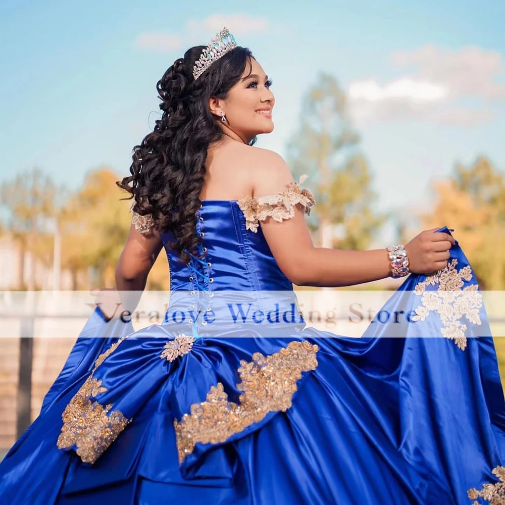 Royal Blue Jurken Off Shoulder Applique Mexicaanse Meisjes Verjaardag Prom Wear Vestidos De 15 Años