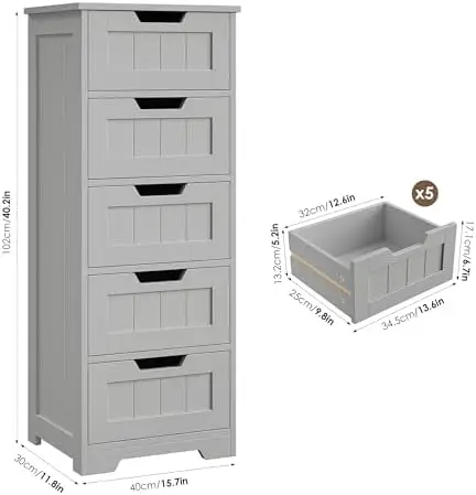 Bathroom Cabinet, Bathroom Storage Cabinet with 5 Drawers, Wooden Storage Cabinets with Cut-Out Handles, 11.8” x 15.7”