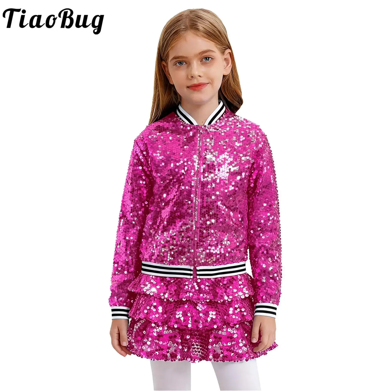 Girls Metallic Shiny Sequin Hip Hop Jazz Street Dance Baseball Jackets with Skirt Culottes School Show Stage Performance Costume