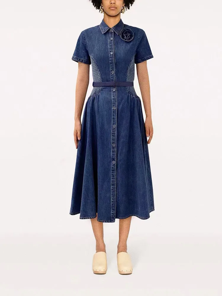 

Skirt y2k spring and summer do old washed rose short sleeve lapel cotton denim long dresses2024simple waist cable Womens dresses