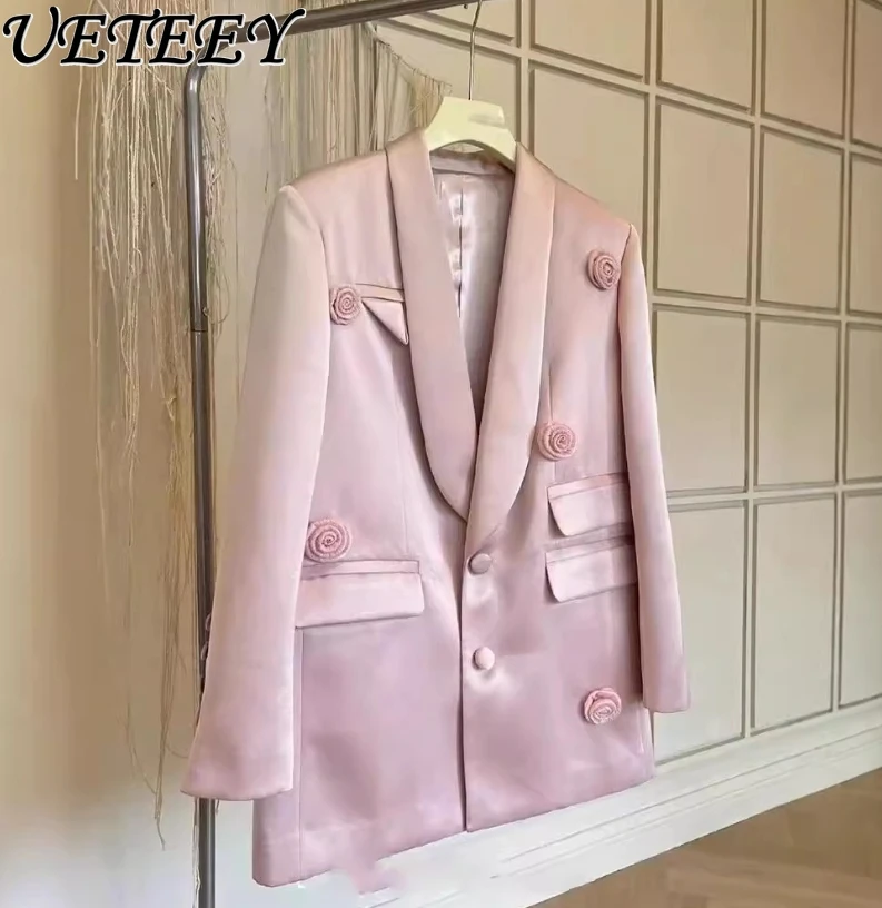 Temperamento Celebrity High-end in raso rosa allentato fiore tridimensionale giacca blazer cappotto da donna francese straniero casual