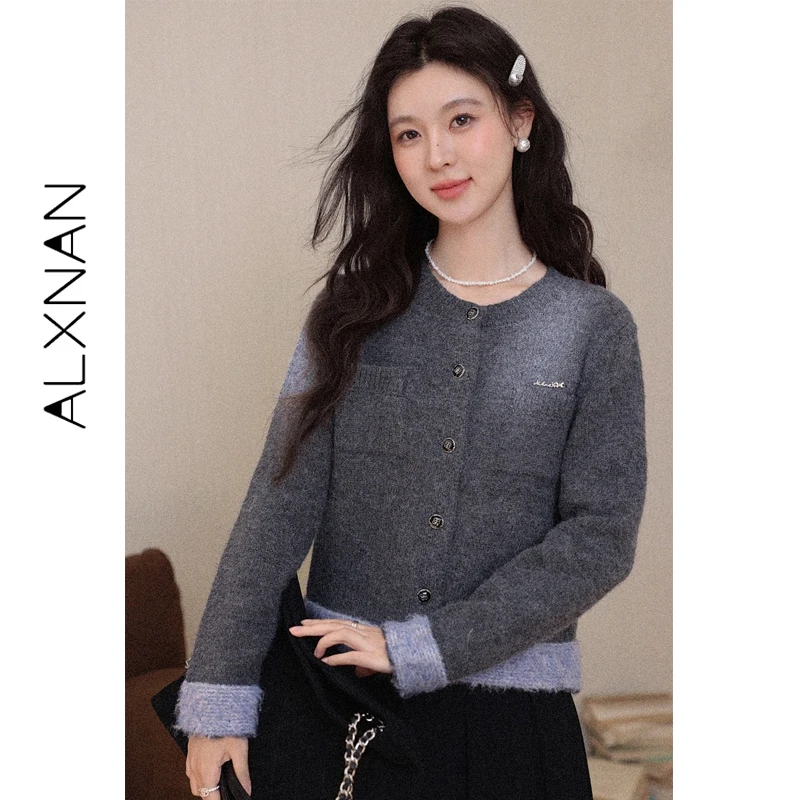 

ALXNAN женский зимний вязаный кардиган винтажный контрастный свитер с длинными рукавами теплые повседневные модные свитера с круглым вырезом и длинными рукавами L60136