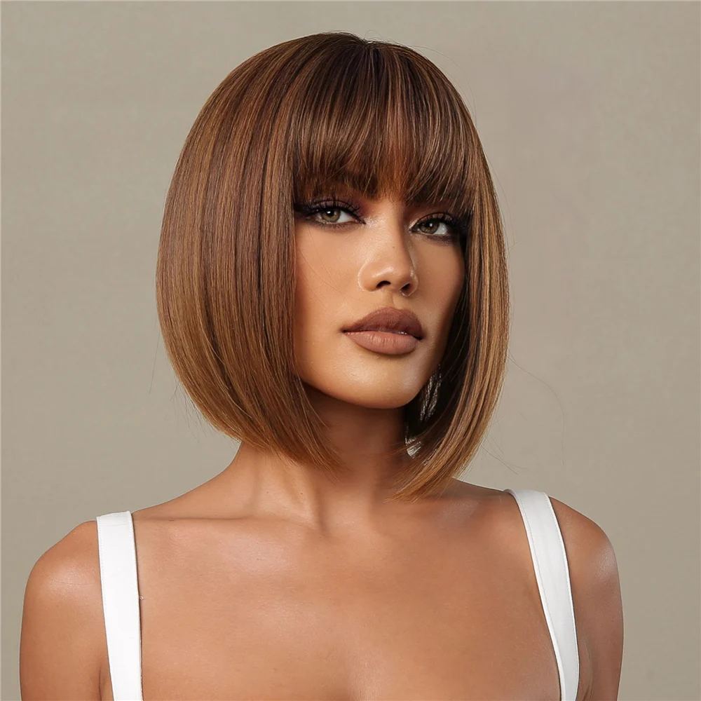 Brown Bob Wig with Bangs Synthetic Short Straight Cosplay Wigs for Black Women Natural Party Daily Use Fake Hair Heat Resistant