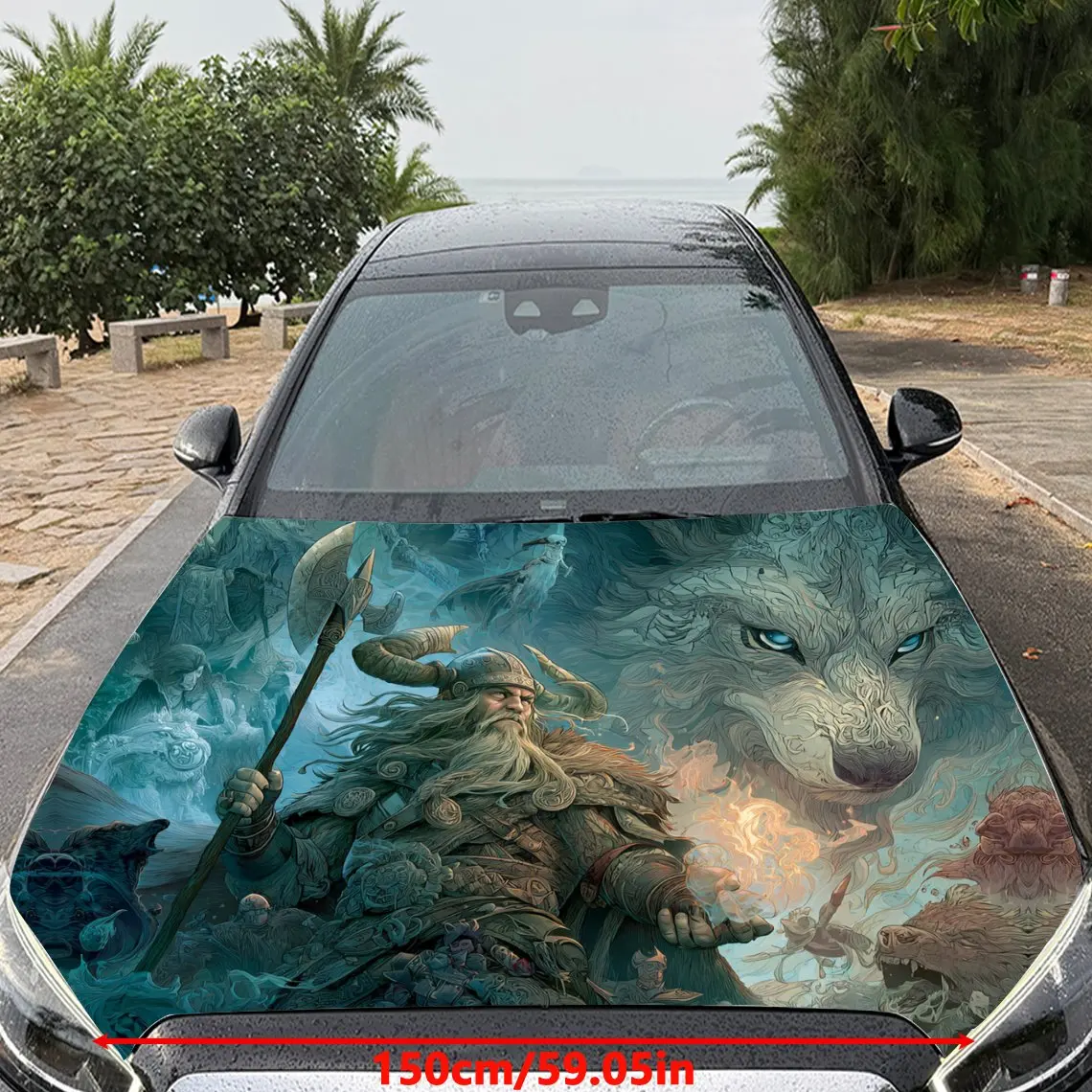 Viking Warrior and Spirit Wolf Car Vinyl Wrap, PVC Material Waterproof Car Hood Sticker, Self-Adhesive Scratch-Resistant Sticker