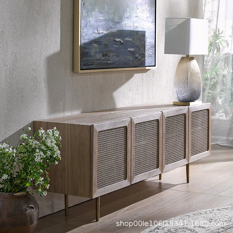 

Тумба под телевизор из массива дерева и ротанга в скандинавском стиле, современная, простая, для гостиной, отеля, демонстрационной комнаты, дизайнерская, ретро, с функцией хранения