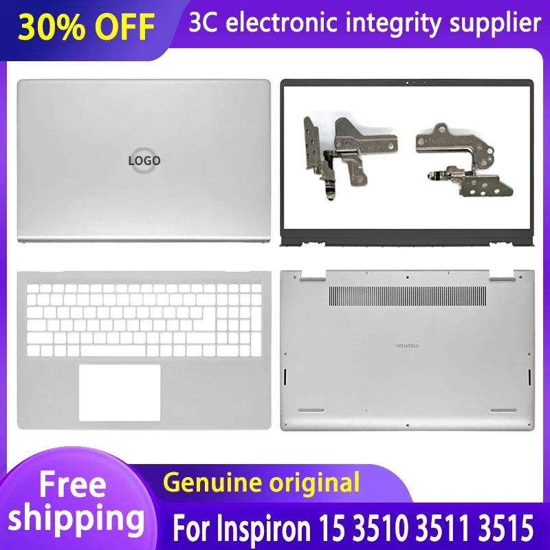 حافظة كمبيوتر محمول Dell Inspiron 15 3510 3511 3515 3520 3521 LCD الغطاء الخلفي الحافة الأمامية المفصلات Palrmest حافظة سفلية 00DM9D فضي