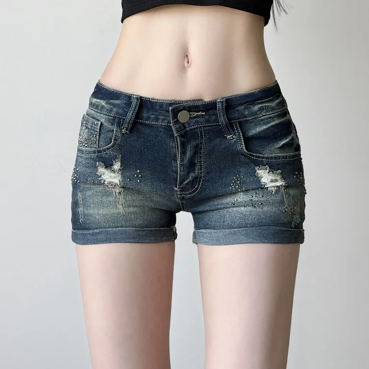 

American Vintage Hole Washed Denim Short Pants Y2k Sexy Low-waist Shorts for Women 2025 Summer Straight Wide Leg Shorts