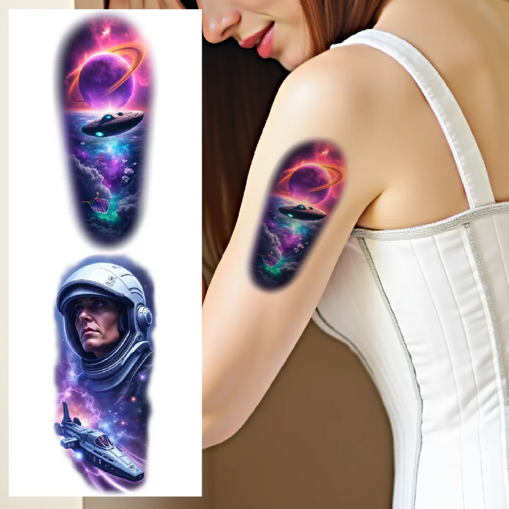 

12pcs Temporary Tattoo Waterproof Long-lasting Body Stickers Astronaut UFO Rocket For Back Adults Women