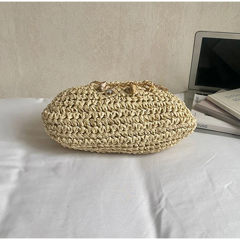 Metallkettenriemen Stroh Gewebte Umhängetasche, Muschel-Dekoration Damen Abendtasche Elegante Clutch, Sommer Strand Chic – Detail 4
