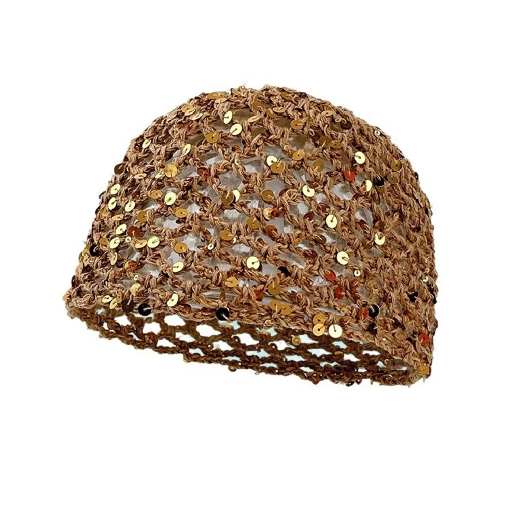 Hollow Knit Hollowed Out Beanie Hat Breathable Sequined Crochet Sequined Hat Fringed Korean Style Bohemian Style Beanies Seaside