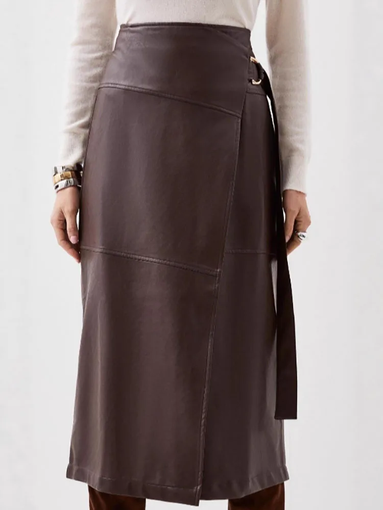 

High Waist Fashion PU Leather Half Skirts Temperament Vintage Pure Color A-line Skirts Elegant Lady Irregular Commute Long Skirt