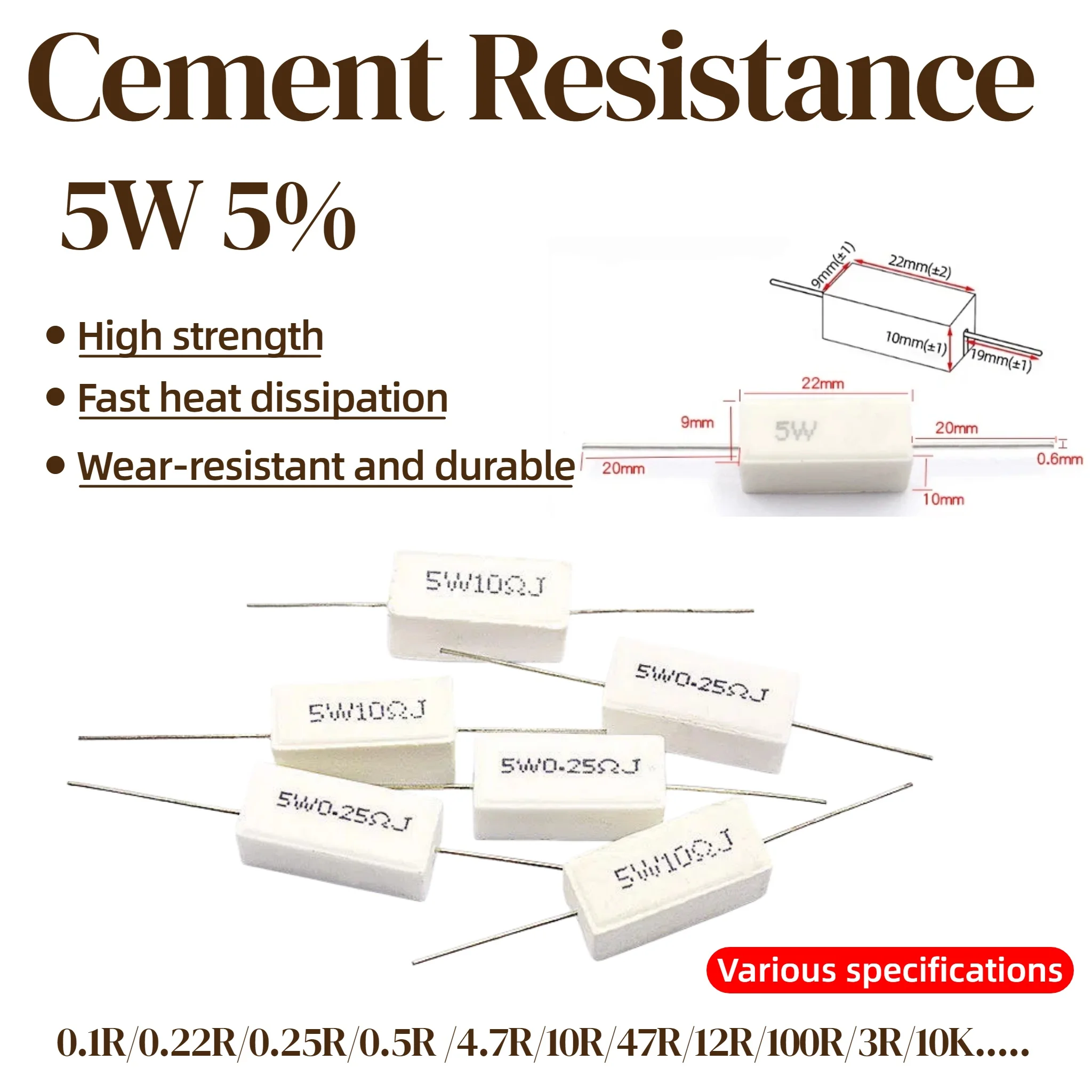 10pcs 5W 5% Cement Resistor Power Resistance 0.1 ~ 10K 0.1R 0.5R 1R 10R 100R 0.22 0.33 0.5 1 2 5 8 10 15 20 25 30 100 1K 10K ohm
