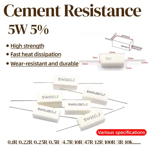 10pcs 5W 5% Cement Resistor Power Resistance 0.1 ~ 10K 0.1R 0.5R 1R 10R 100R 0.22 0.33 0.5 1 2 5 8 10 15 20 25 30 100 1K 10K ohm