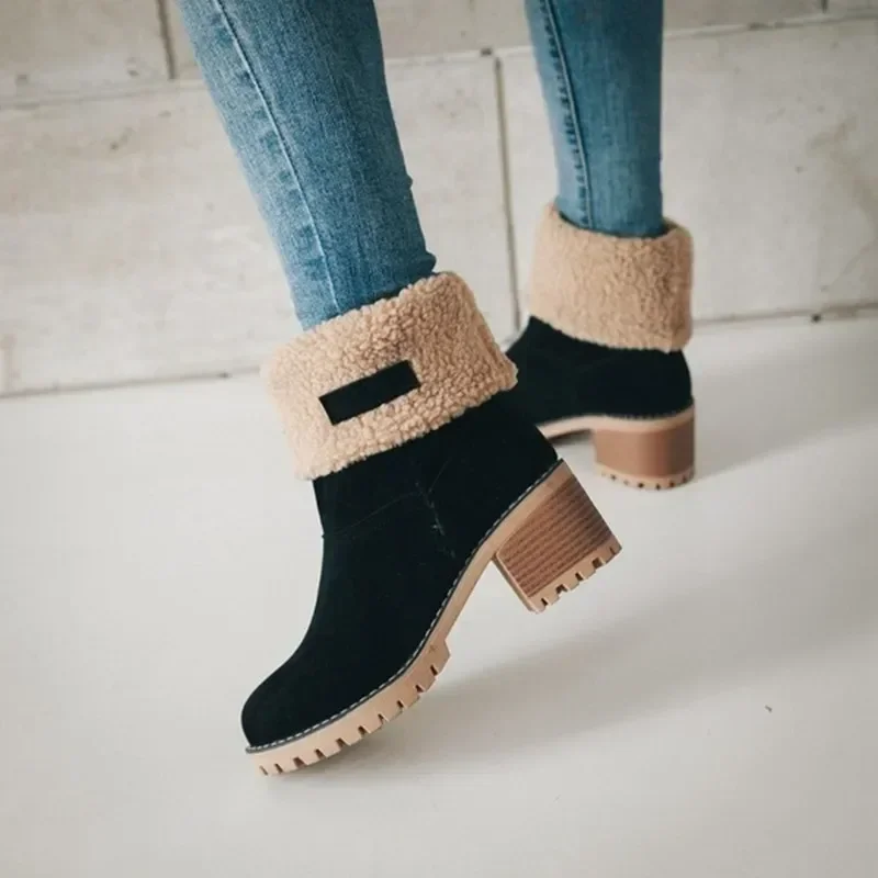 

Autumn and Winter Fashion New Casual Comfortable Plus Velvet Warm Square Heel Round Toe Solid Color Women's Ankle Boots2024