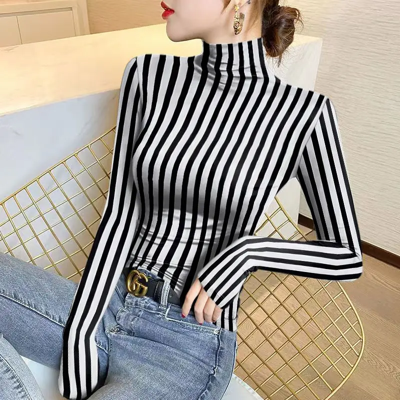 Women\'s Half High Neck Underlay T-shirt Autumn and Winter New Retro Commute Striped Printed Long Sleeve All Match Pullover Tops