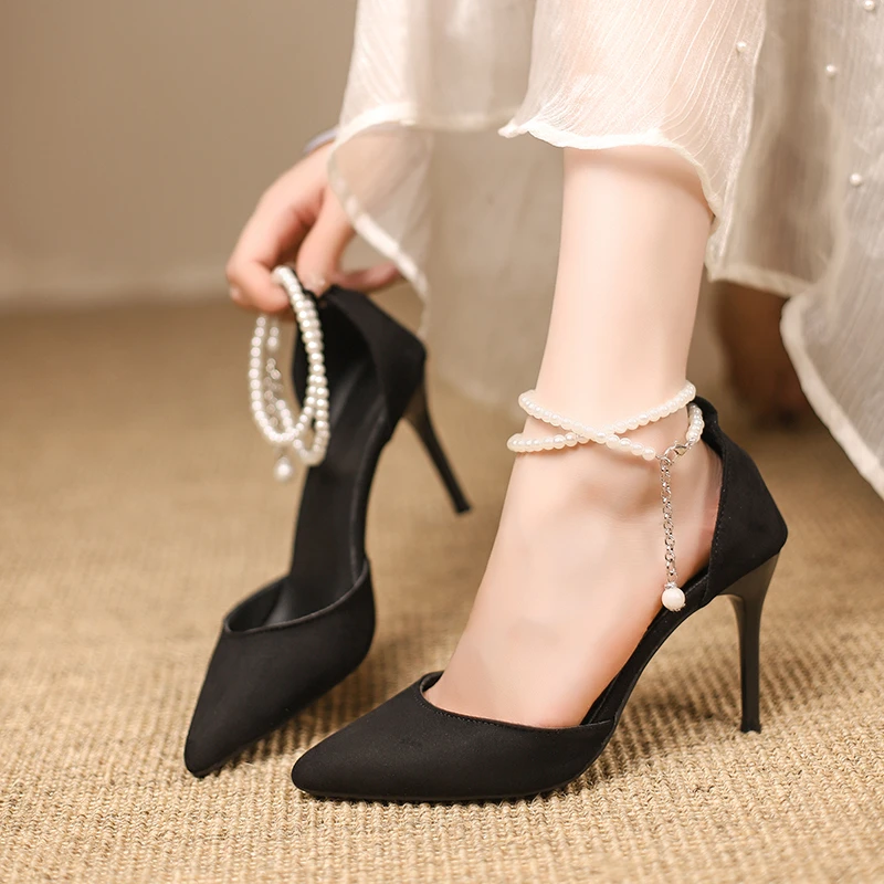 

New Style Fashion Black High Heels Pumps Stiletto Pointed Toe Pearl Anklets High-end Shoes Fashion Comfortable Women's Shoes