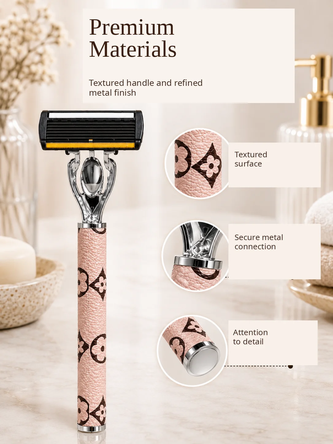Pink Textured Handle Reusable Razor Shaving Set with Replaceable Cartridges 1 Razor 12 Cartridges Included Eco-Friendly Razor