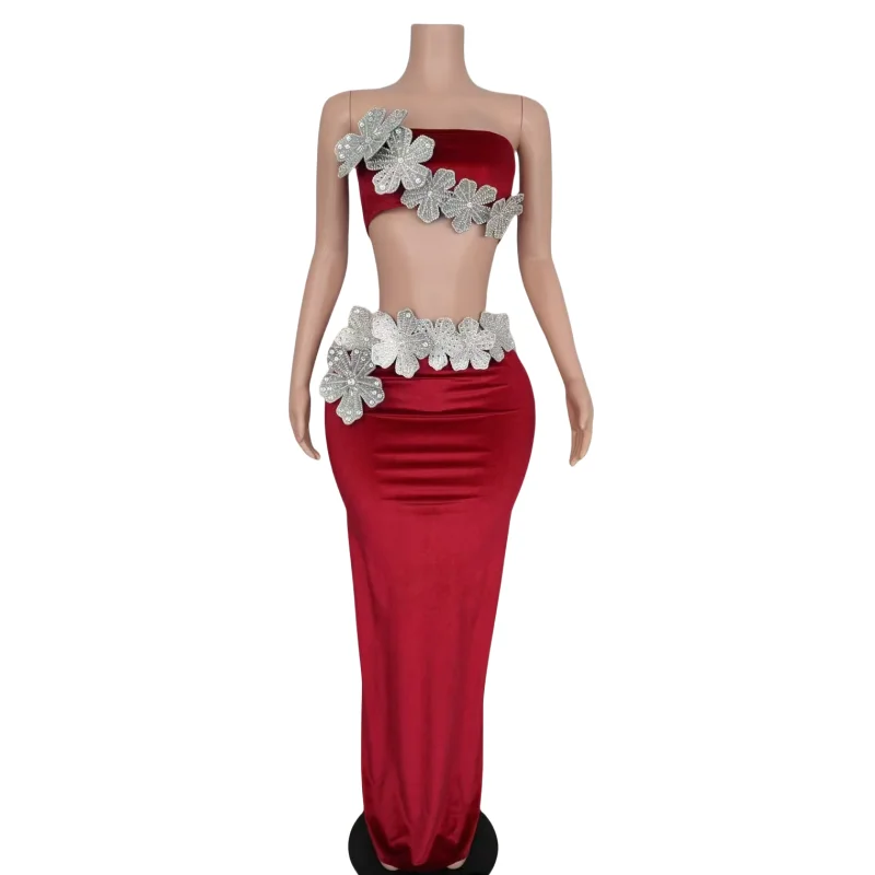 Sexy Stage Crystal Flowers Strapless Crop Tops Bodycon Long Skirt 2 Piece Set Bar Concert Women Singer Birthday Outfit Costume
