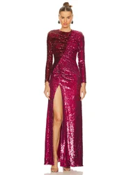 Sexy Long Sleeves Ruched Sequined maxi Dress Women Patchwork Color Sequins Folds Split Long Dress Elegant Celebrity Party Gowns