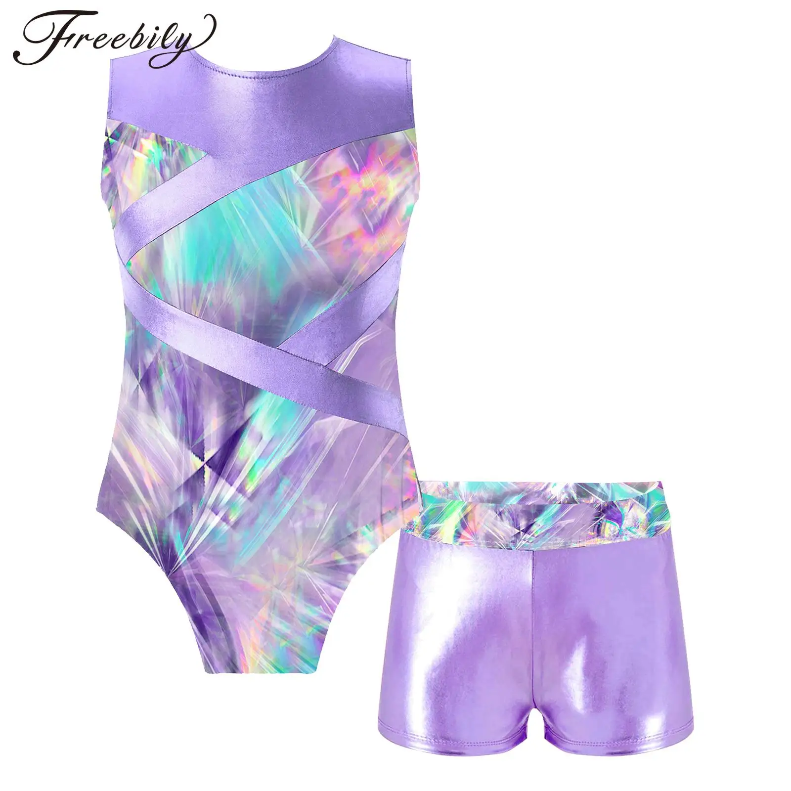 Kids Girls Ballet Dance Leotard Sleeveless Hollow Out Print Bodysuit with Shorts Gymnastic Yoga Dancewear Sportswear Swimwear