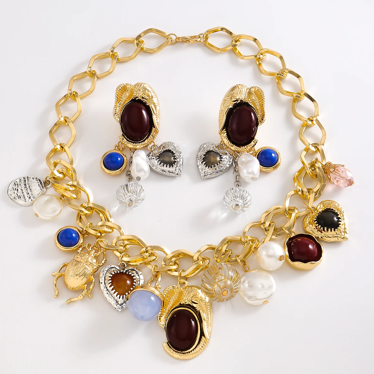 

Bohemia Fashion Insect Heart Baroque Pearl Pendant Necklace Earrings For Women Natural Stone Inlay Party Charm Jewelry Set Gift