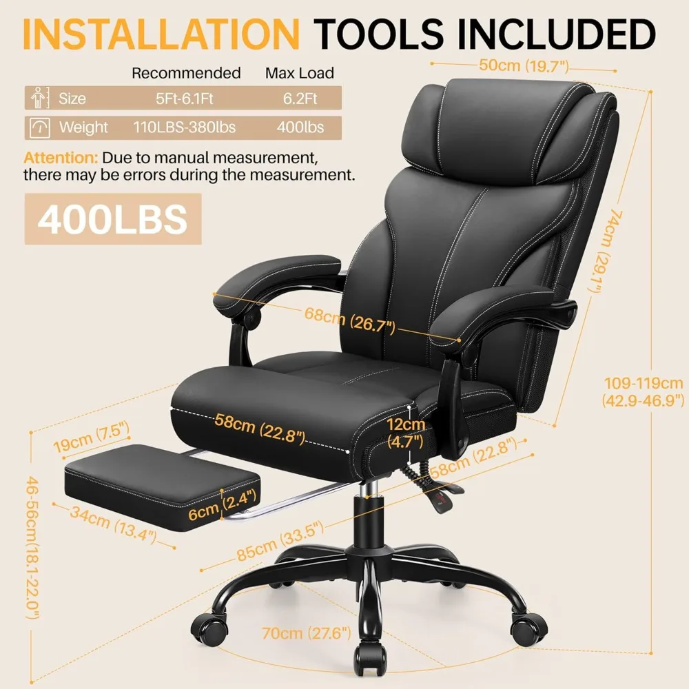 كرسي مكتب، كراسي مكتب جلدية كبيرة وطويلة تنفيذي مع مسند للقدمين، كرسي كمبيوتر مريح وجيد التهوية مع ارتفاع قابل للتعديل