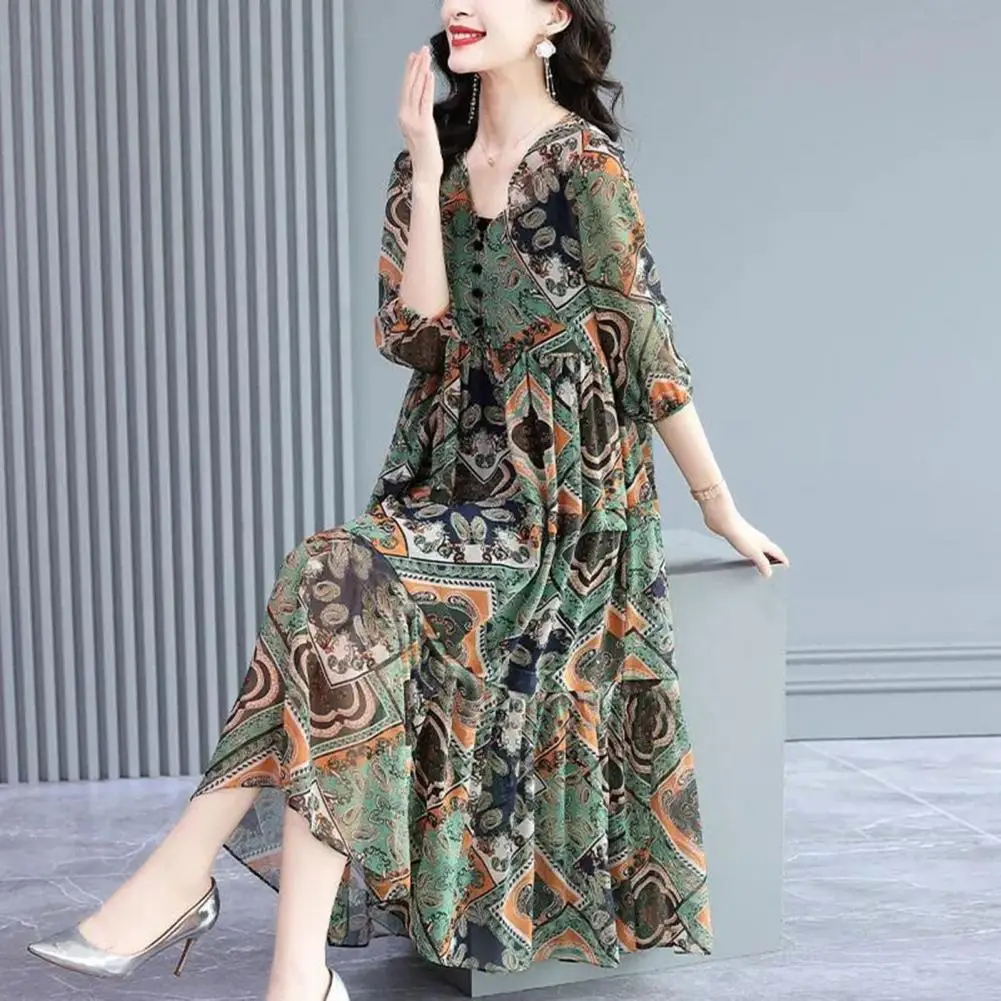 Vintage Women Midi Dress Pleated Printed Loose Hem Button Decor Patchwork Dress Up V Neck Lady Summer Dress Female Clothes