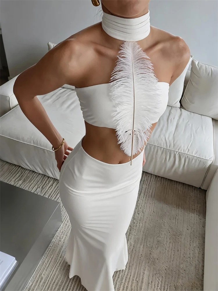 Tossy Elegant White Feather Two Piece Outfits Women Sexy Backless Halter Top and Long Mermaid Skirt Set Celeb Runway Club Wear