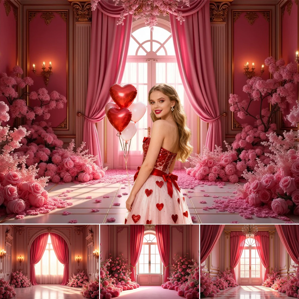 

MOON.QG Background Pink Floral Red Curtains Decor Valentine's Day February 14 Backdrops For Photography Accessories Portrait