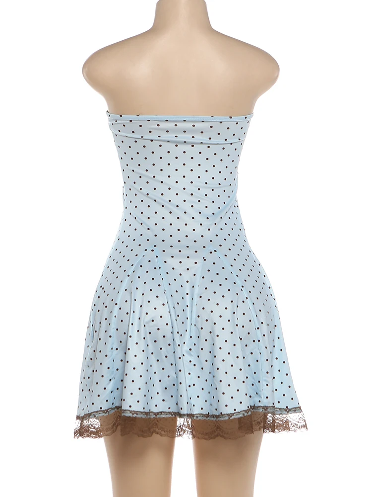 Weird Puss Bow Dekorations-Minikleid für Damen, Polka-Dot-Print, Wickel-Design, rückenfrei, Spitzenkante am Saum, Geburtstagsparty, elegantes Bodycon-Kleid – Detail 5