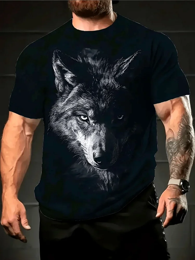 Modisches Herren 3D-Wolf-Print T-Shirt Lustiges Wildlife-Tier-Grafik-T-Shirt Sommer Lässiges Kurzarm-Oberteil Trendige Straßenkleidung